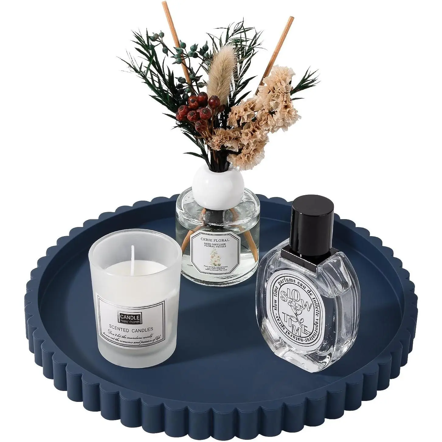 Round Bathroom Tray  Kitchen Counter Decor  Organizer Decorative Coffee Table Tray for Perfume, Candle, Soap Dish, 9 Inch, Dark Blue