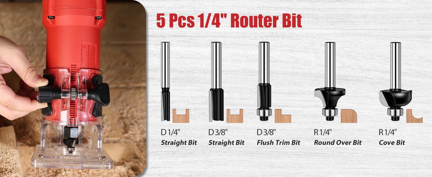 630W 5.3 Amp Wood Router Tool with Fixed Base Compact Router for Woodworking, 35,000 RPM, 1/4" collet & 5 Trim Bits, Straight & Roller Guide, 2 Wrenches and Carbon Brushes -.com