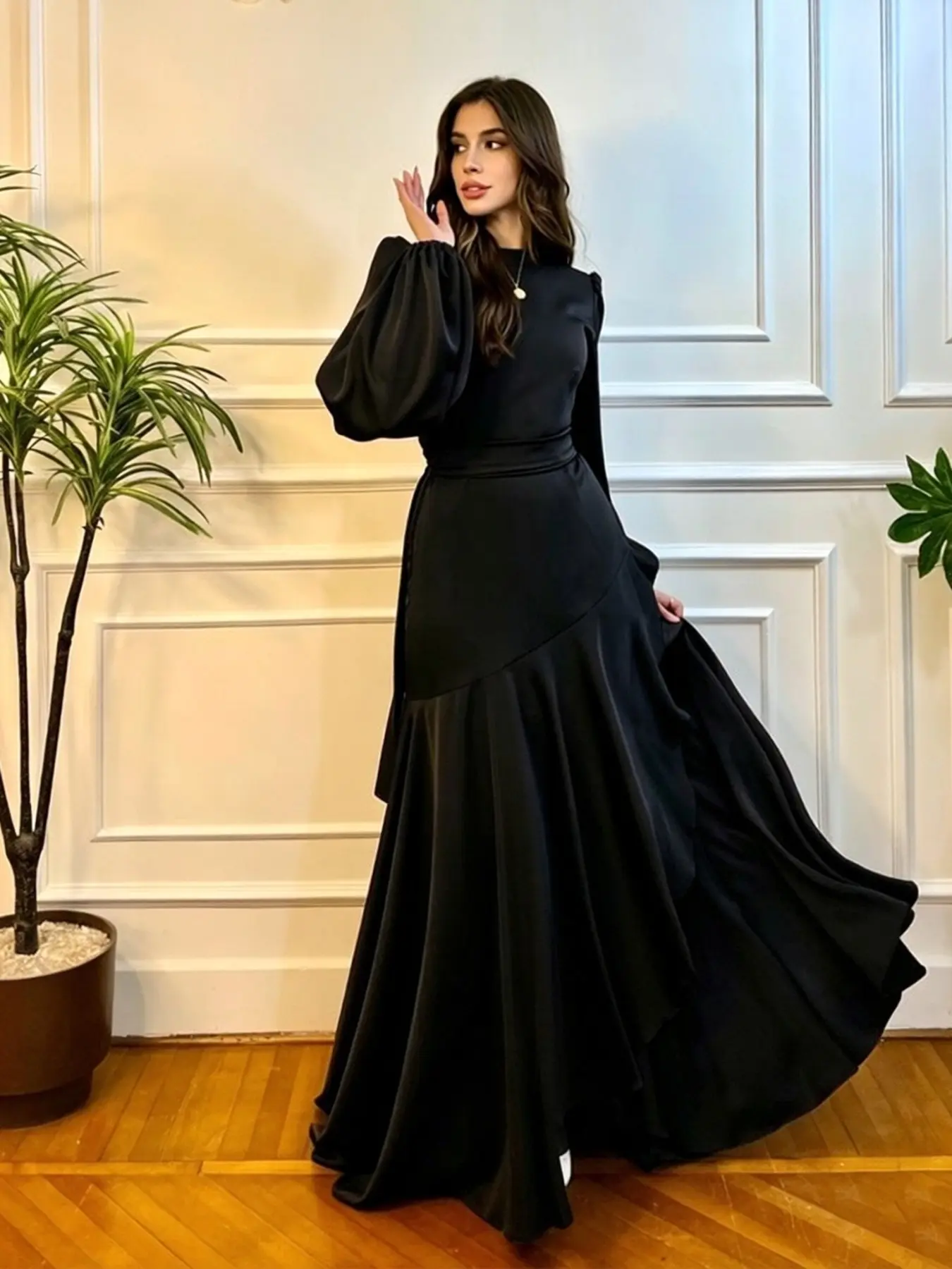 Elegant Women's Chiffon Solid Color Lantern Sleeve Super Long Dress, Stylish and Comfortable Design, Perfect for Special Occasions