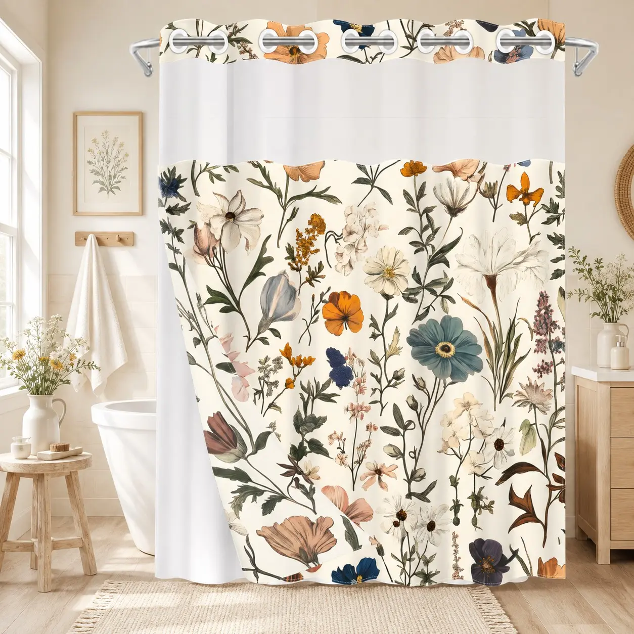 1Pc Vintage Boho Hookless Double Layer Floral Shower Curtain, Floral Shower Curtains for Bathroom, Wildflower Print, Removable Waterproof Anti-Mildew White Liner, Sheer Top, Machine Washable for Home & Hotel, 71×74in