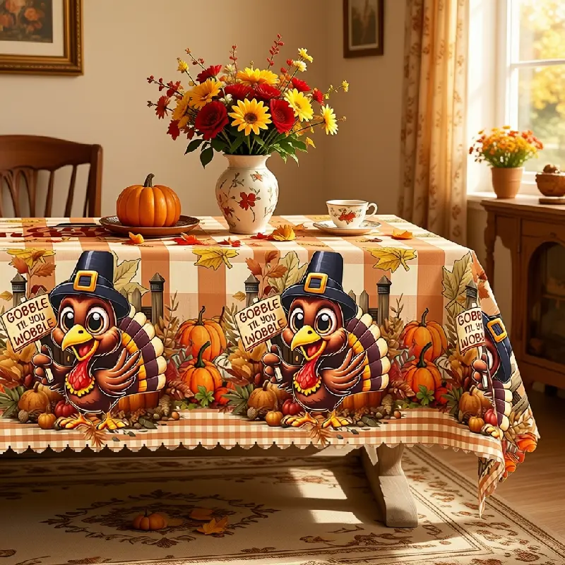 Thanksgiving Turkey Tablecloth with Pumpkins, Corn, Leaves and Harvest Border, polyester for Dining Events and Thanksgiving Decor, Machine Washable, Multi-Size, Table Protection, Clearance Sale