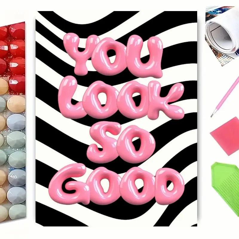 DIY Diamond Painting Kit, Bubble Text "YOU LOOK SO GOOD" Wall Art, Black White Wavy Stripes Background Decor. Ideal for Bathroom & Bedroom Hanging, Relaxing DIY Craft, Trendy Chic Gift for Fashion Lovers