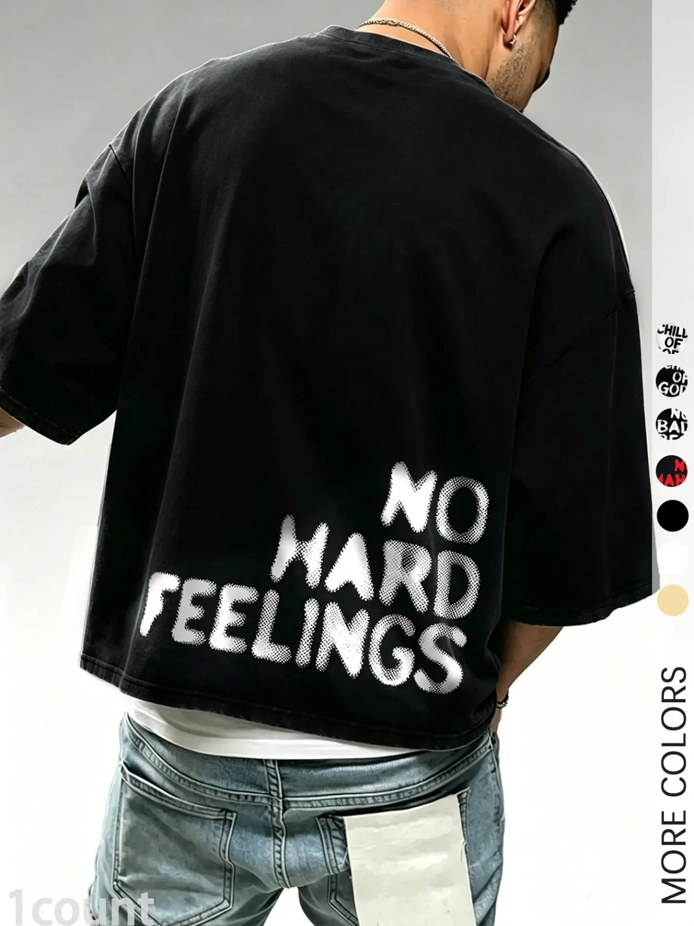 Men's Solid Black Cropped Boxy Short Sleeve T-Shirt, Casual Streetwear Tee With NO HARD FEELINGS Letter Print, Loose Fit Top For Skate Daily Hip Hop Outfits
