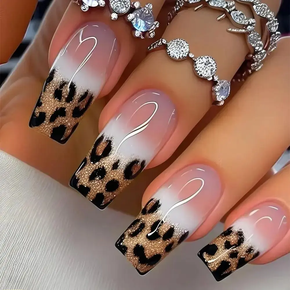Leopard Print Press-On Nails with Creamy Jade Base & Glitter French Tips, Long Coffin Square Fake Nails, Acrylic Kit Includes Jelly Glue for Parties, Nail Press On Nails, Long Coffin Tips