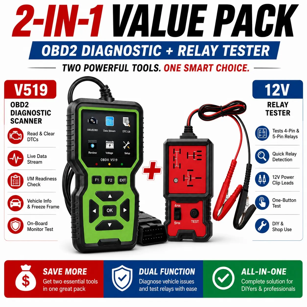 2-In-1 Automotive Diagnostic Tool Bundle, Obd2 Scanner with Relay Tester, Read Clear Fault Codes, Live Data, Battery Check, 12V Vehicles