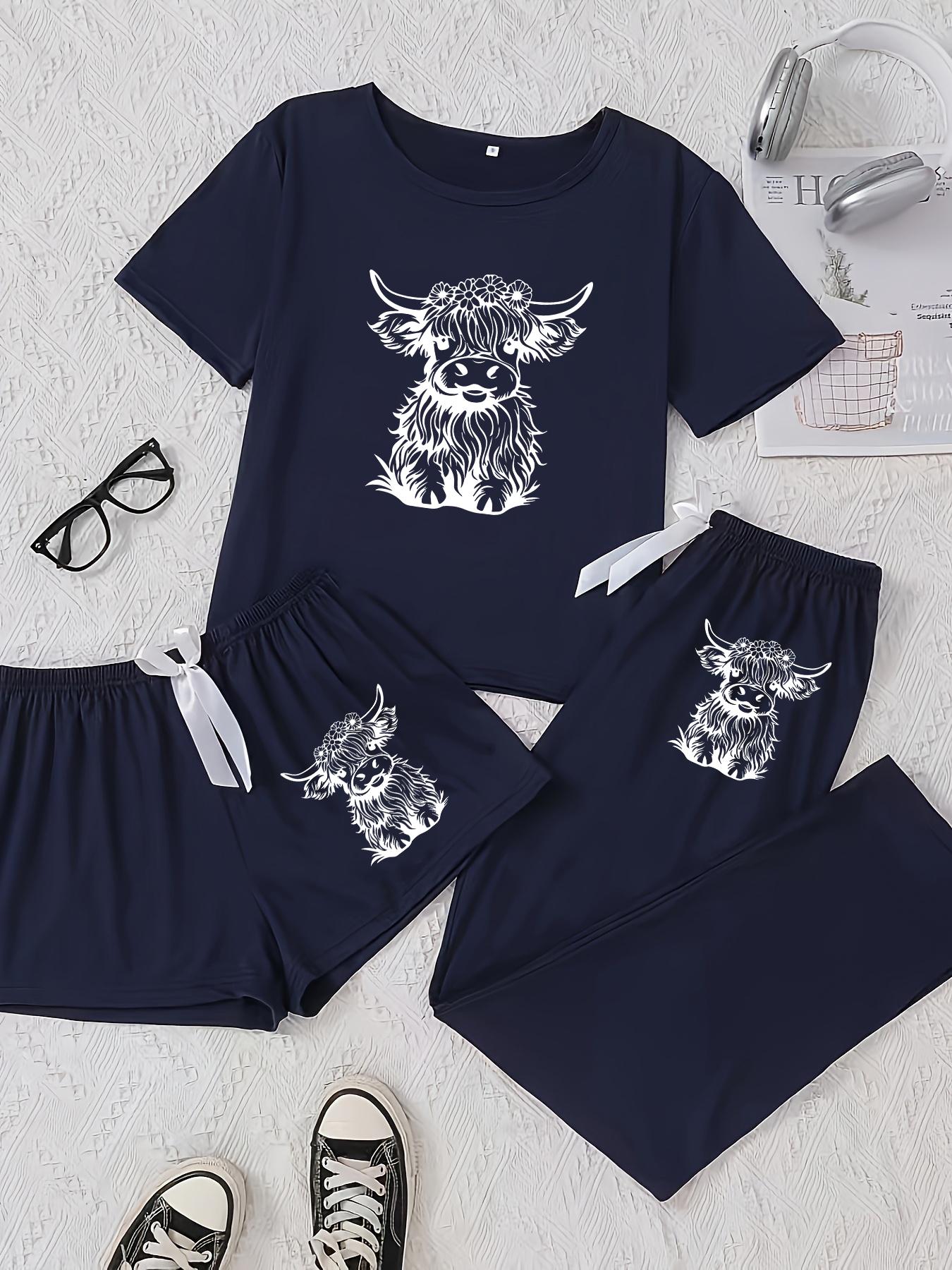 Women's Cow Print Round Neck Short Sleeve Tee & Shorts & Pants Pyjama Set, Pajamas, Casual Comfy Ladies Sleepwear for All Seasons