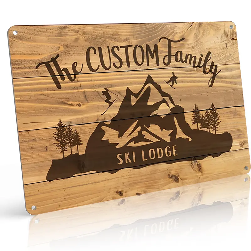 Custom The CUSTOM Family Ski Lodge Mountain Ski Silhouette Wood Grain Metal Sign, 8×12 Inch Aluminum Vintage Cabin Wall Decor Gift, Cabin Decor, Ski House Decor, Vintage Home Wall Art, Porch Decor