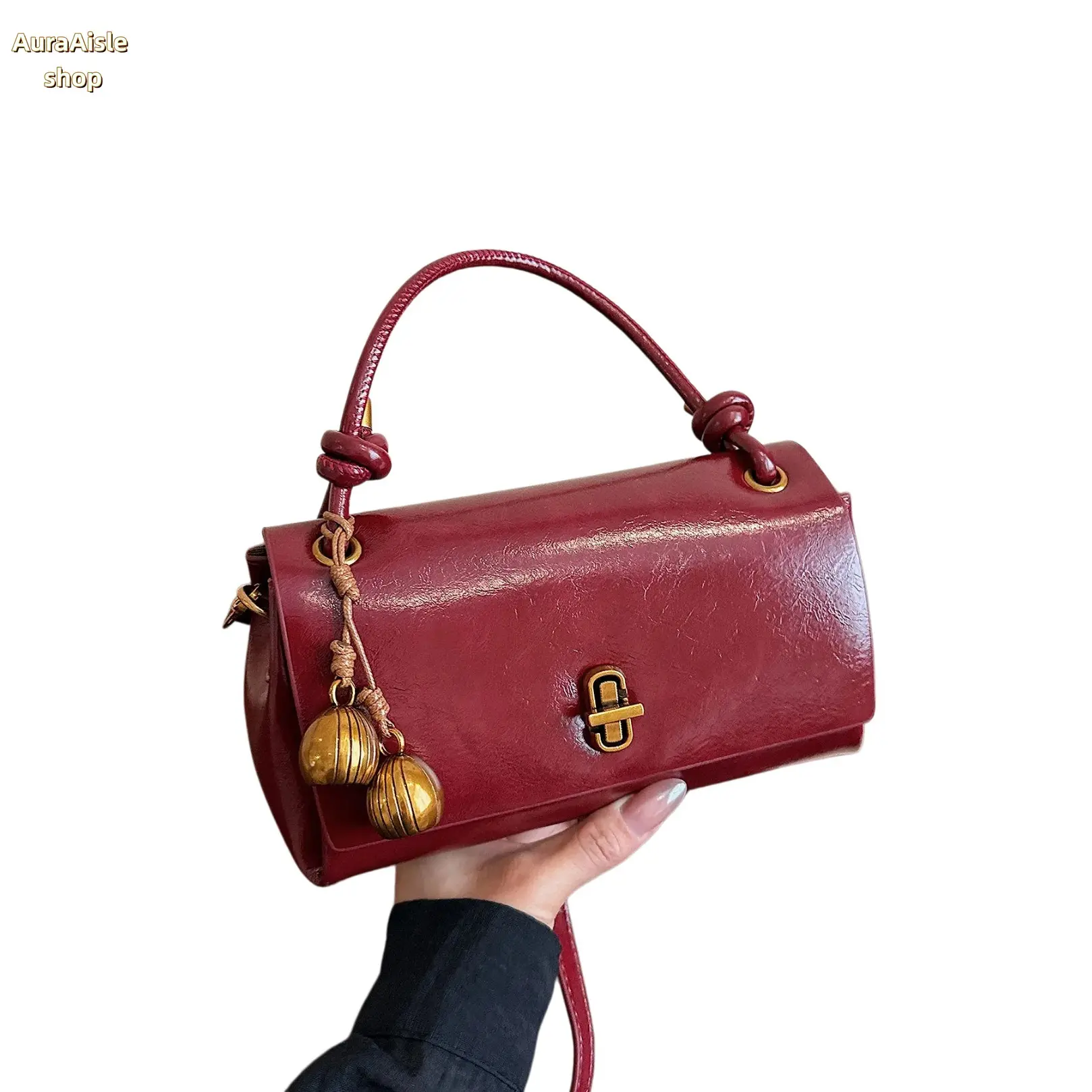 Retro Flap PU Leather Handbag, Niche Textured Top‑Handle Crossbody Purse With Metal Bell Charm, Adjustable Shoulder Strap For Daily Commute, Office Work And Social Gathering Occasions