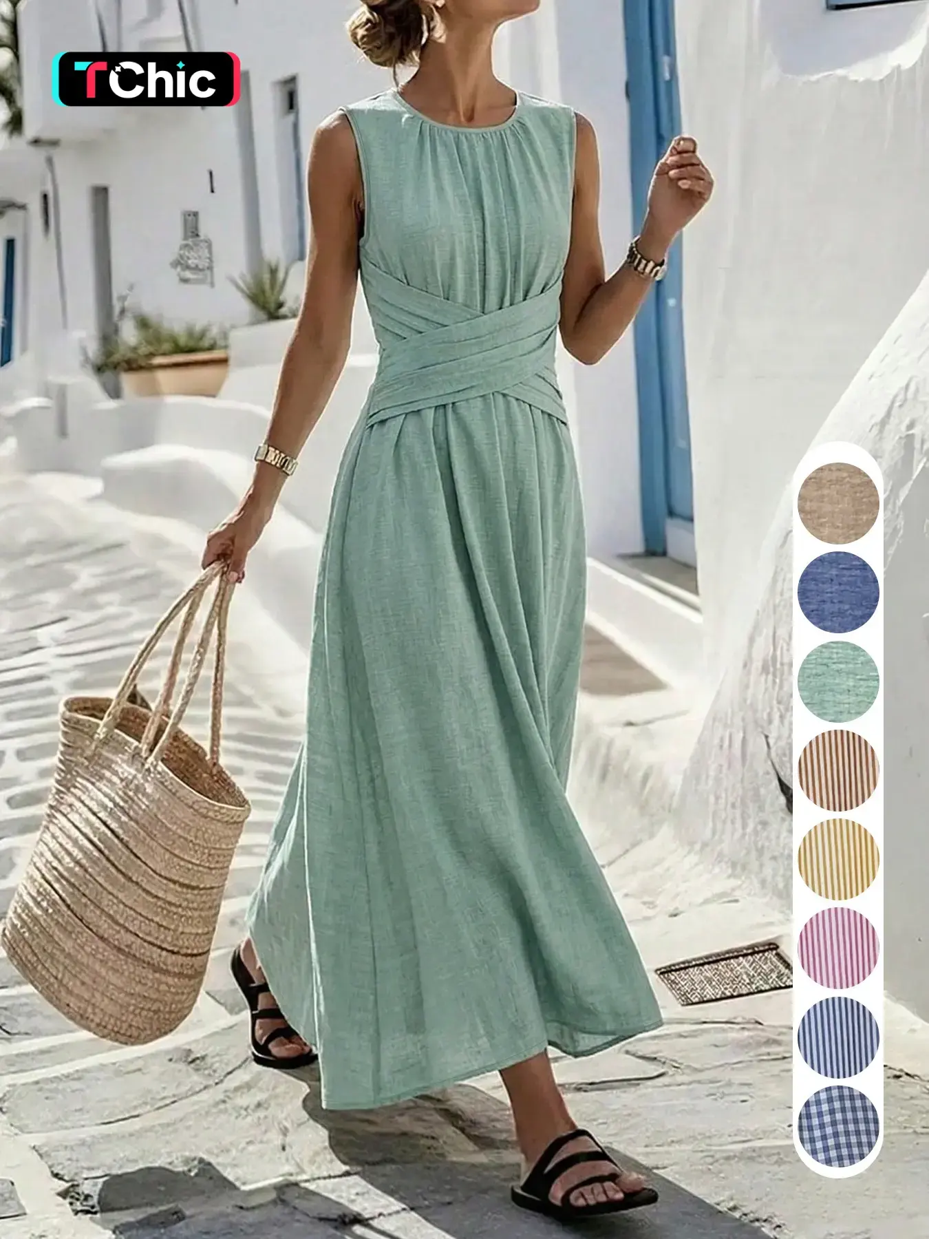 (The fabric is relatively thin, Lightweight and the size is a bit large) Sleeveless Round Neck Vacation Dress, Relaxed Style, Simple Elegant Look, Long Beach Dress, Summer Travel Dress, Daily Casual Plain Dress Ff2632