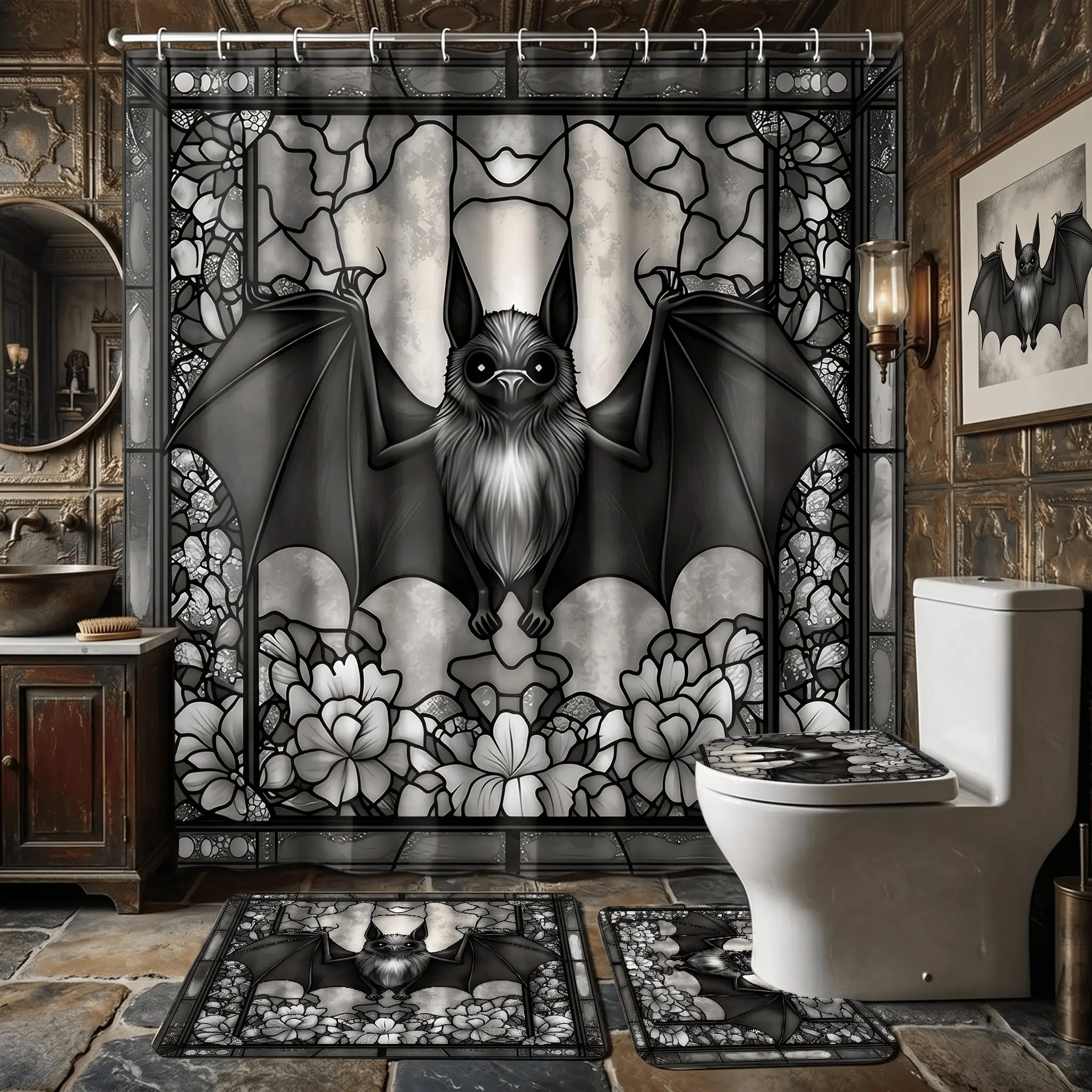 4pcs Gothic Bat Stained Glass Bathroom Decor Set, Non-Slip Rugs, Toilet Lid Cover, Bath Mat, Vintage Dark Aesthetic Halloween Holiday Washroom Accessories