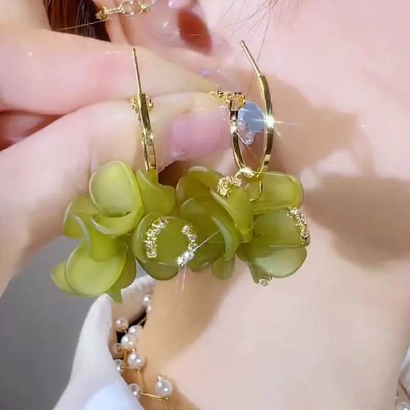 Exaggerated Unique Full Rhinestone Green Large Flower Earrings for Women Premium Light Luxury Drop Earrings Silver Post Jewelry DL260804E23