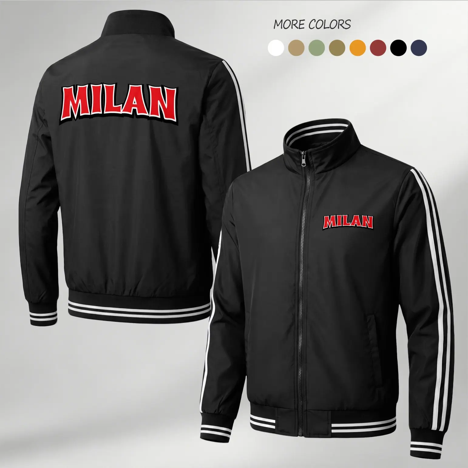 Men’s Milan Inspired Lightweight Zip Up Track Jacket, Stand Collar Sports Outerwear, Front Chest and Back Letter Graphic Print Coat, Casual Long Sleeve Jacket for Spring Fall Daily Wear