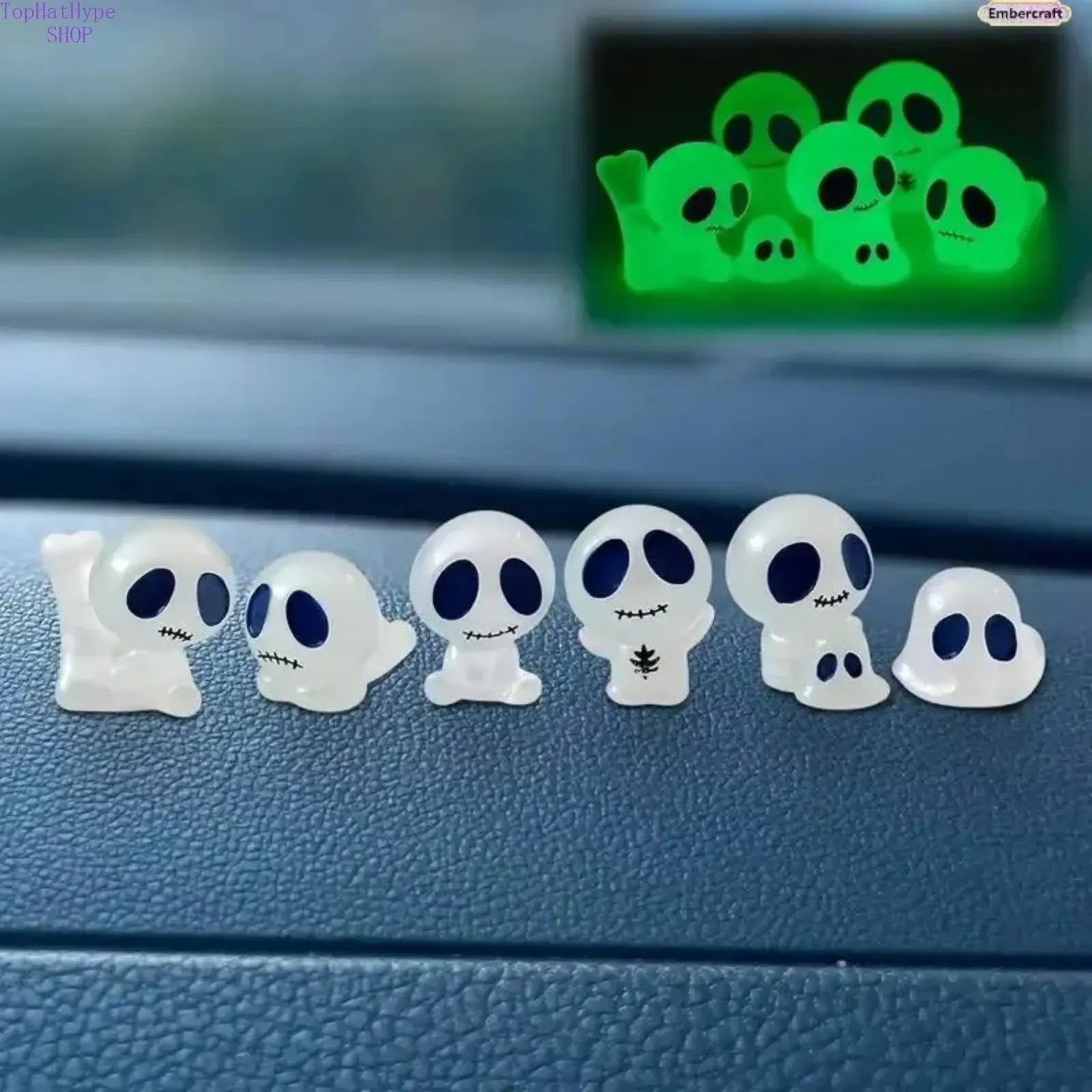 6PCS Glow Skeleton Car Accessories Set - Resin Dashboard Decor, Rearview Mirror Hangers, DIY Scene Props, TikTok Trending Women's Gift, Whimsical Alternative Halloween Viral Cool Decor