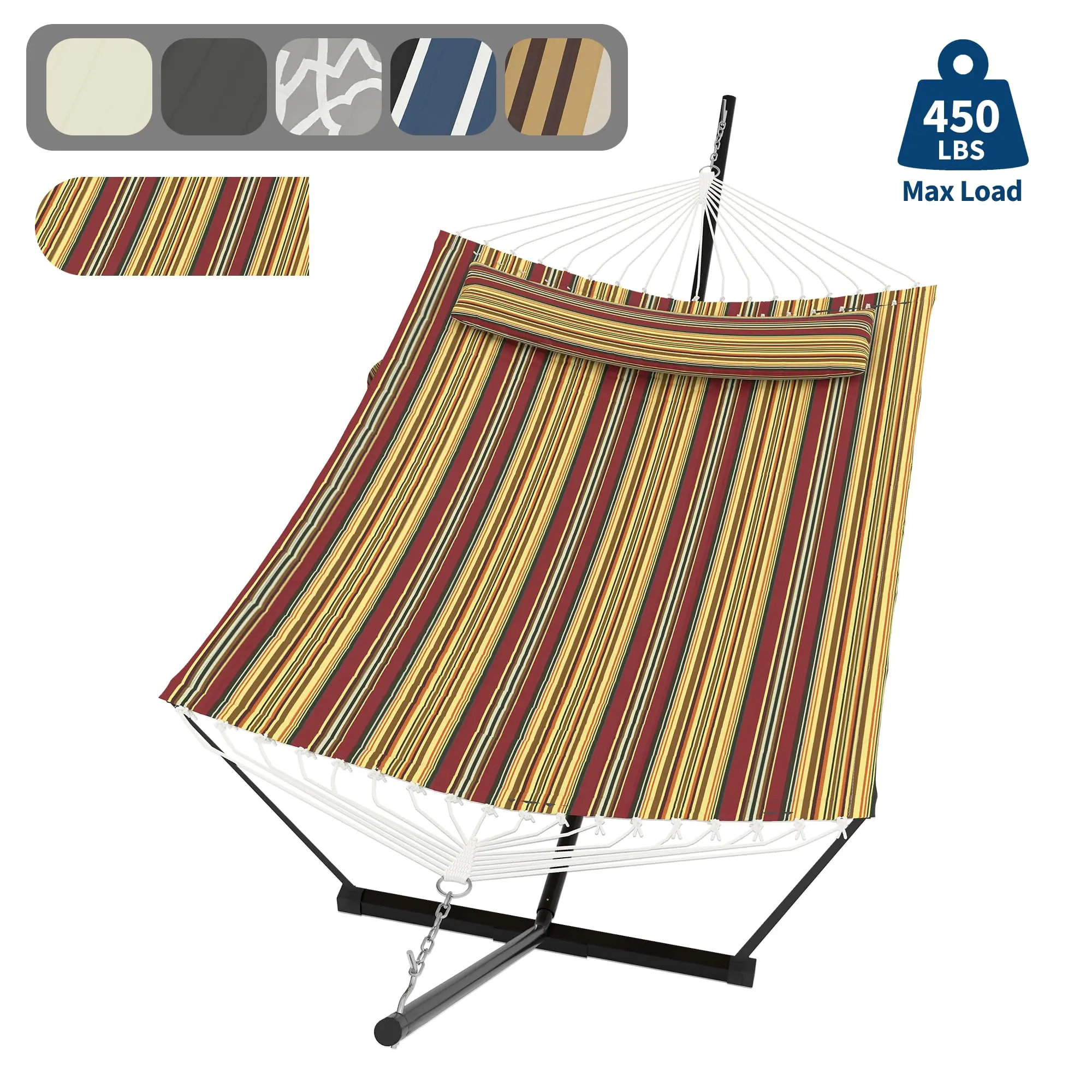 Garvee Heavy Duty Double Hammock with Steel Stand – 2 Person Quilted Outdoor Hammock, 450 lbs Capacity, Removable Pillow, Side Pocket, Adjustable Chains, Freestanding for Patio, Backyard, Poolside, Garden