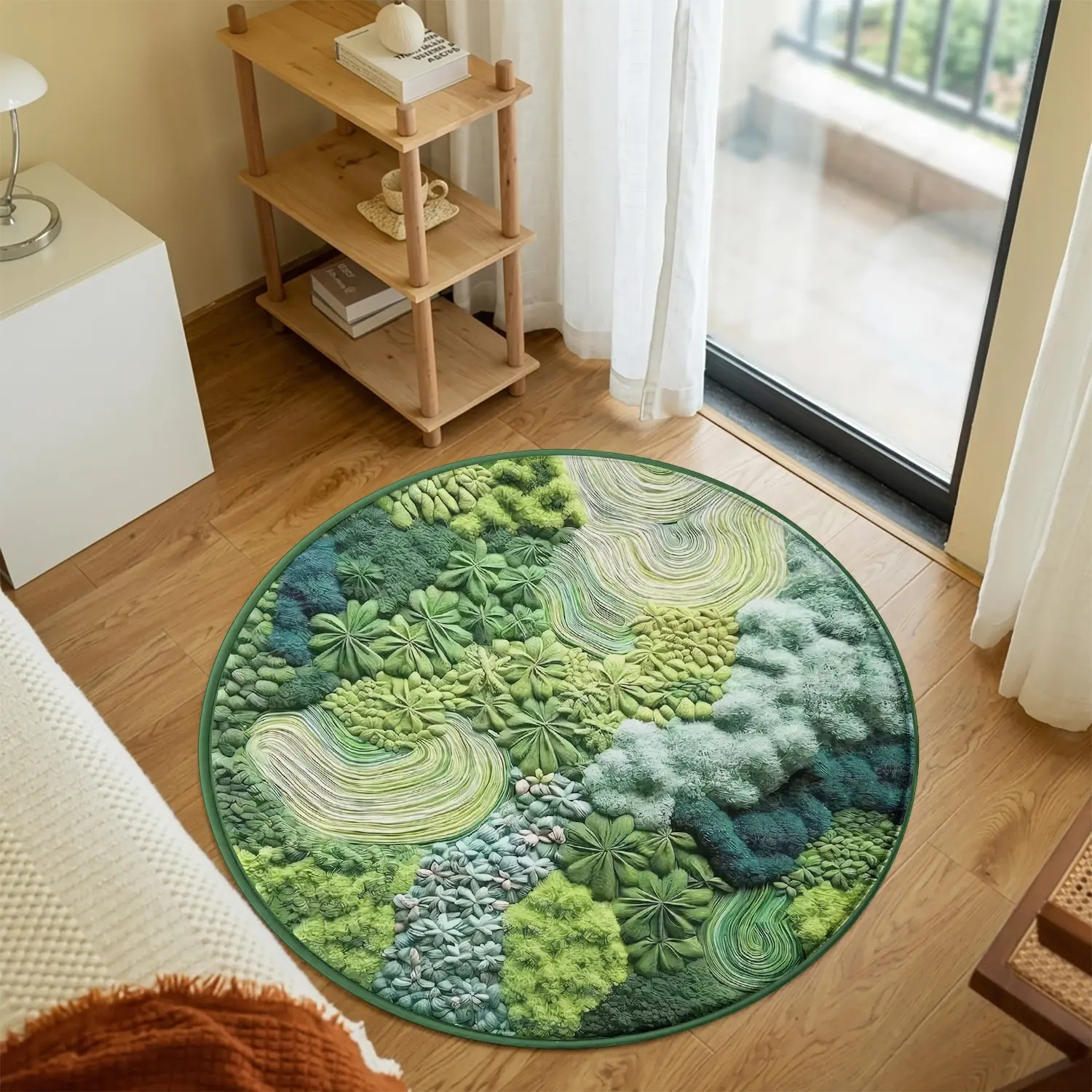 3D Green Moss Forest Landscape Round Area Rug, Decorative Area Rug, Botanical Area Rugs, Nature Inspired Topographic Plant Print Floor Mat Non-Slip Machine Washable Indoor Carpet for Living Room Bedroom Botanical Home Decor Textured Look Accent Soft Rug