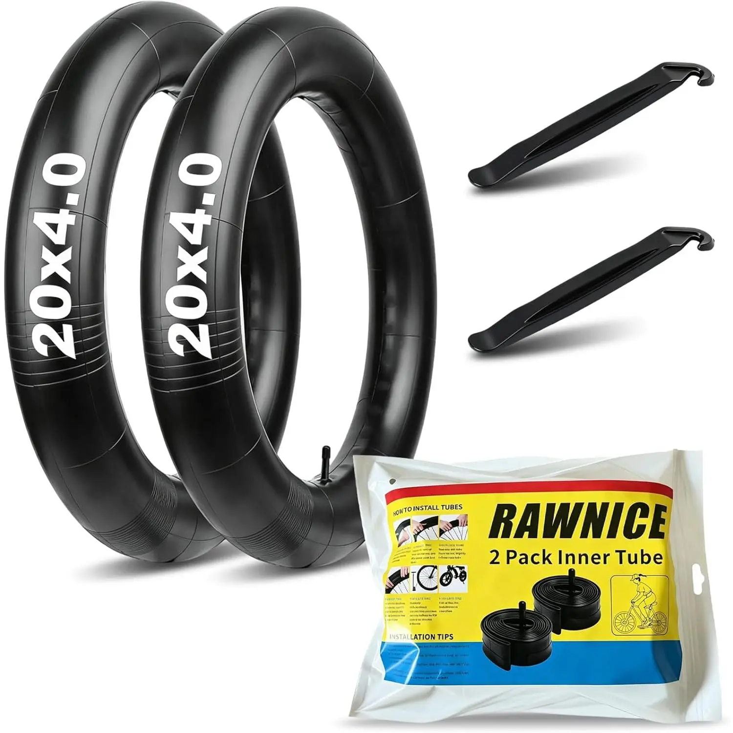 2 Pack 20*4.0 Fat Tire Bike Inner Tubes, 32mm Schrader Valve, Heavy Duty Butyl Rubber, Replacement for Electric Bike, E-Bike,MTB Mountain Bike,Fat Tire, with 2 Tire Levers