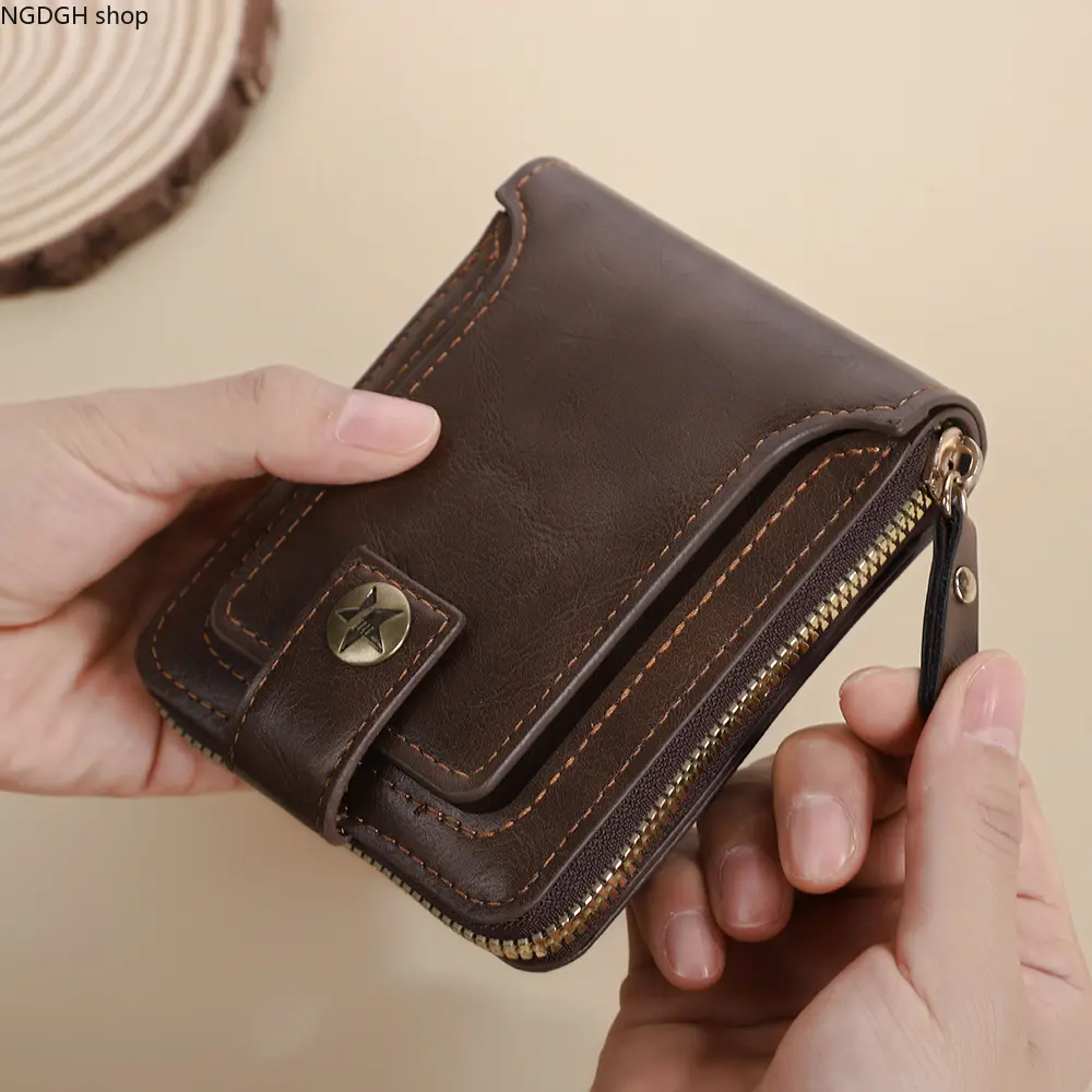 Compact Zipper Wallet with Star Snap - Chic Vintage Brown Leather Coin Purse with Multiple Slots & Secure Flap, Durable Lightweight Thin Profile Ideal for Work Gym Shopping & Minimalist Everyday Use