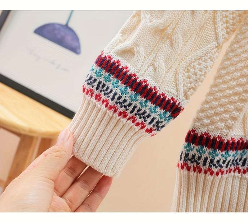 Autumn Winter New Seasonal Unisex Boys' & Girls' Sweater - Vintage Geometric Jacquard Pattern, Contrast Color Stripes, Long Sleeve Round Neck Pullover for Casual Outings, Cozy Knit Top, Casual Wear, Vibrant Pattern, Durable Knit