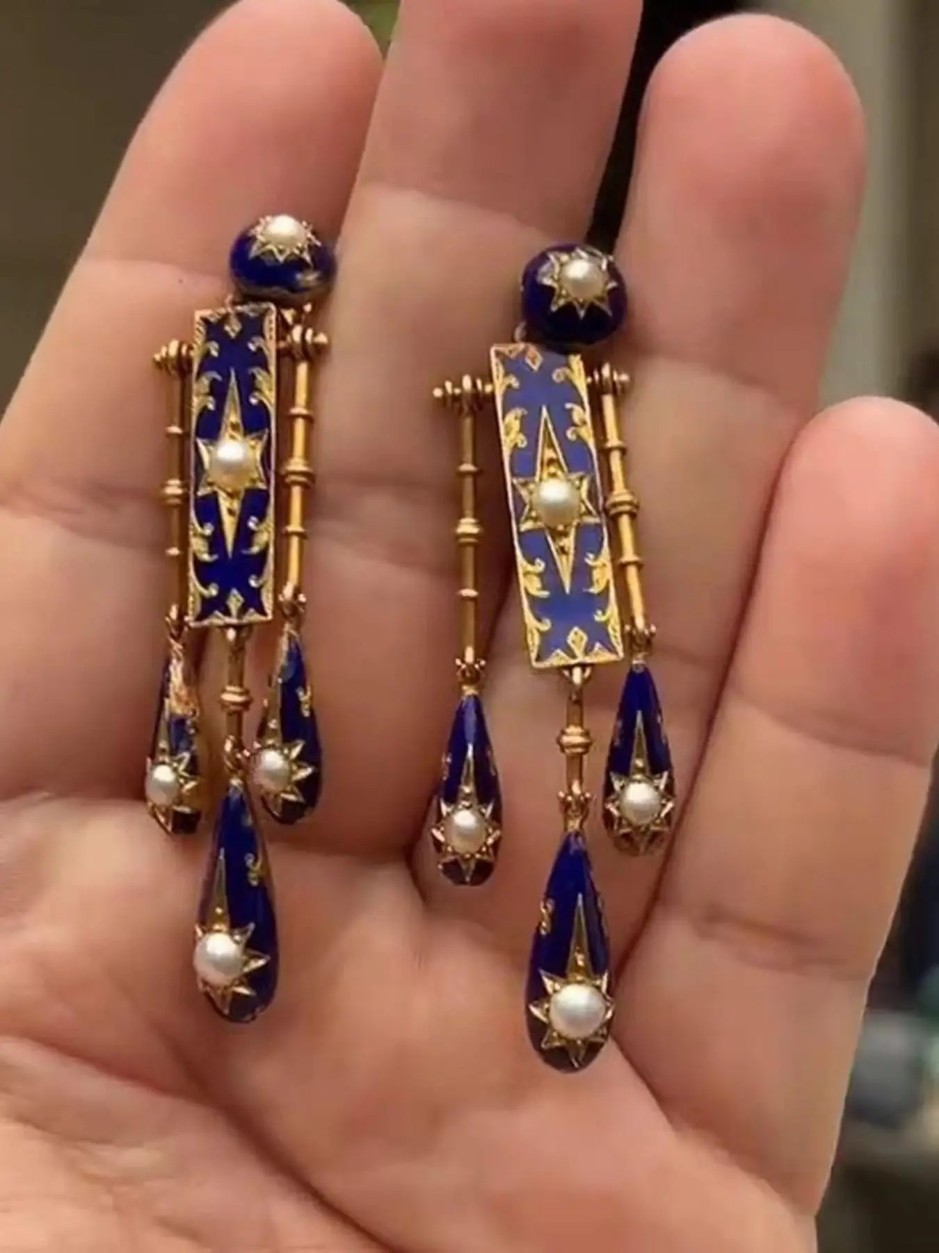 Vintage Blue Octagon Pearl Fringe Earrings for Women, Courtly Medieval Style Deep Blue Enamel Party Jewelry, Elegant Evening Accessories, Drop Dangle Earrings