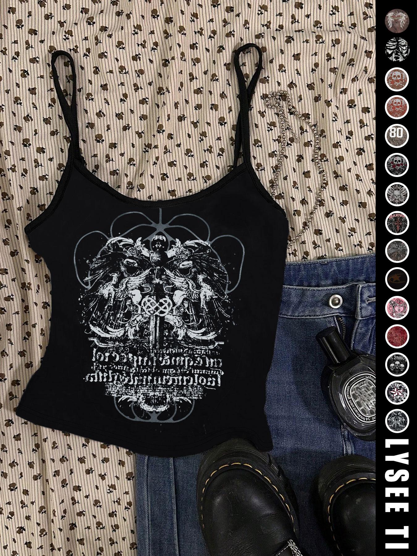 Vintage American Casual Slim-Fitting Skull Eagle Print Crop Top for Valentine's Day and Music Festival, Trendy Summer Vest for Women