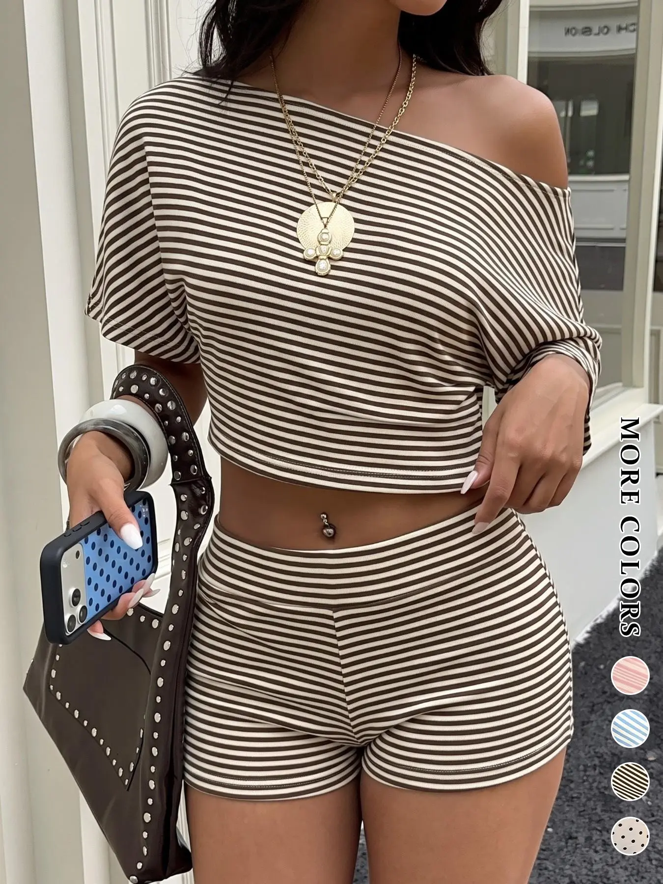 Y2K Coquette Striped Two Piece Co-ord Set for Women Off Shoulder Batwing Sleeves Crop Top High Waist Stripe Shorts Slim Fitted Matching Outfit Casual Outdoor Club Going Out Summer Streetwear Clothes #womenssets #cluboutfit #vintagestyle #trendyoutfits