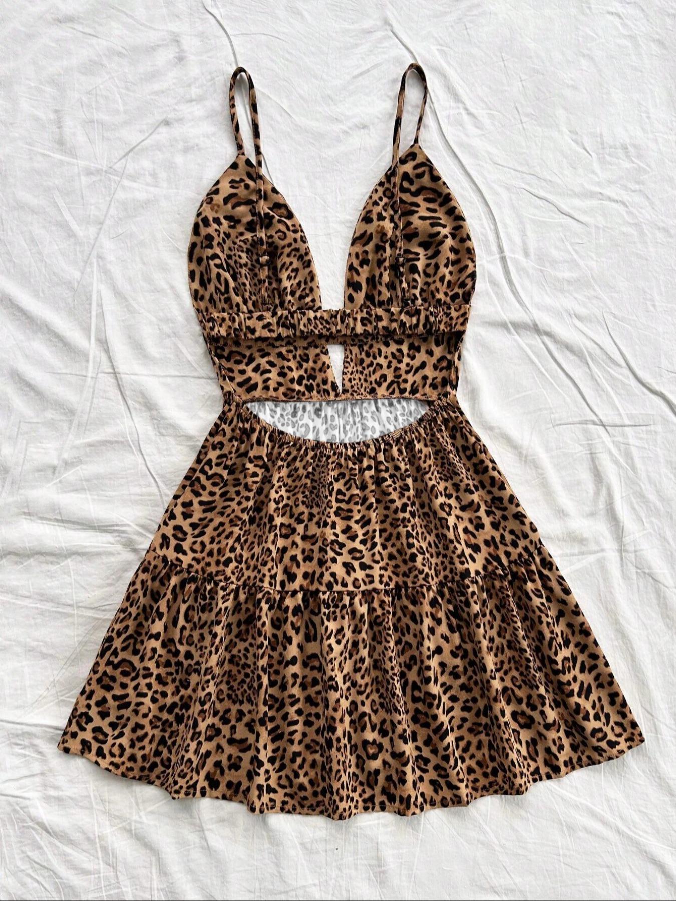 Women's Summer Fashion V-Neck Leopard Print Backless Cut Out Dress, Sleeveless Slim-Fitting Casual Party Wear, Daily Commute Style, Backless Sleeveless Dresses