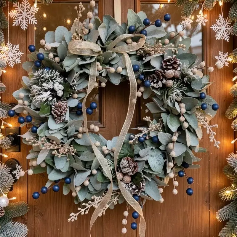 16 Inch Artificial Eucalyptus Wreath with Blue Berries, Lambs Ear Foliage, Golden Ornaments, Front Door Wall Porch Decor, Housewarming Gift