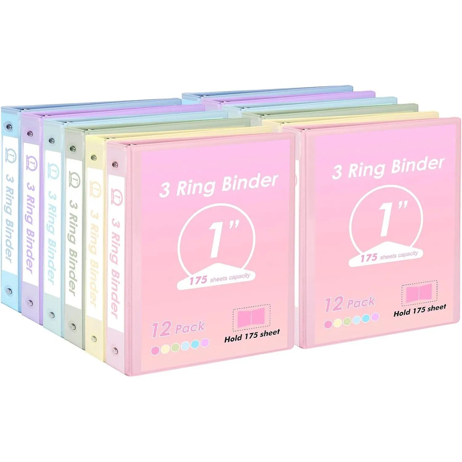 New 1in-12 Pastel Color 3-Ring Binders (12 Pack) with 2 Inside Pockets, Fits 11x8.5in Paper, 175-Sheet Capacity, Document Storage for Office & School Projects, Long-Term Use, Manufacturer Warranty, 2 Pockets Inside