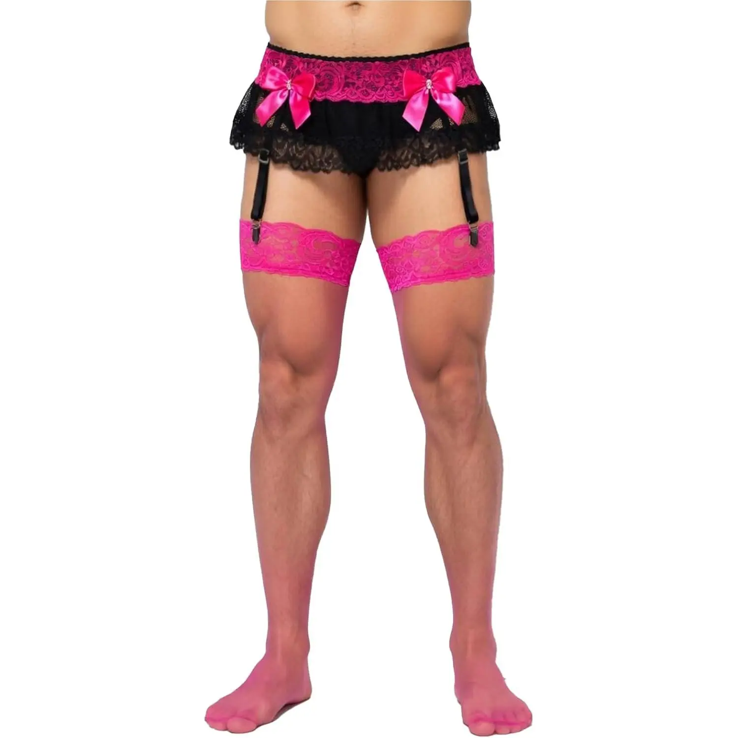 Men’s Striped Lace Stocking Lingerie Skirt with Built-in 4 Garter Clips & Bowknot - Femboy Crossdresser Outfit (Ideal for Party, Picnic), Femboy Look