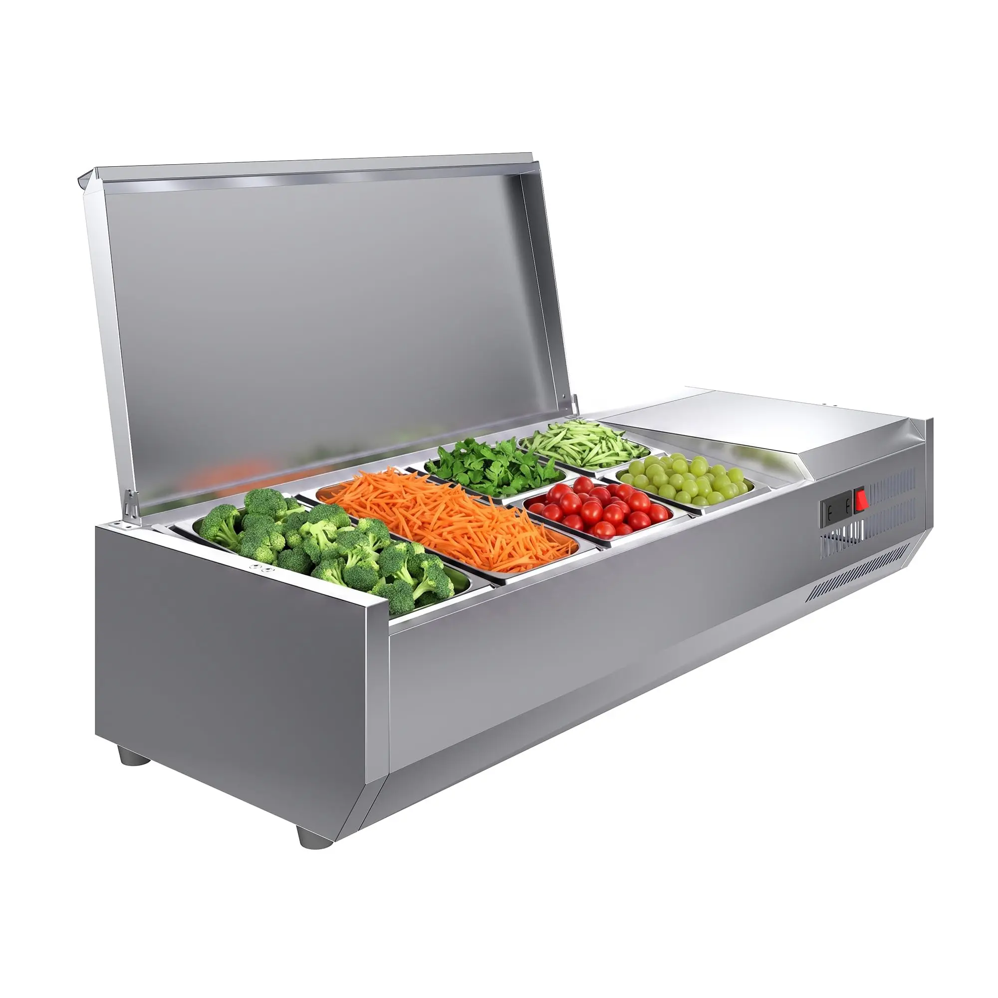 304 Stainless Steel Countertop Refrigerated Prep Table - 130W, Digital Temp., PC Lid, 1/3 & 1/6 Multiple Trays, Food Storage Containers - Restaurant Use Kitchen Cooling Station (Ideal for Salad, Pizza Topping)