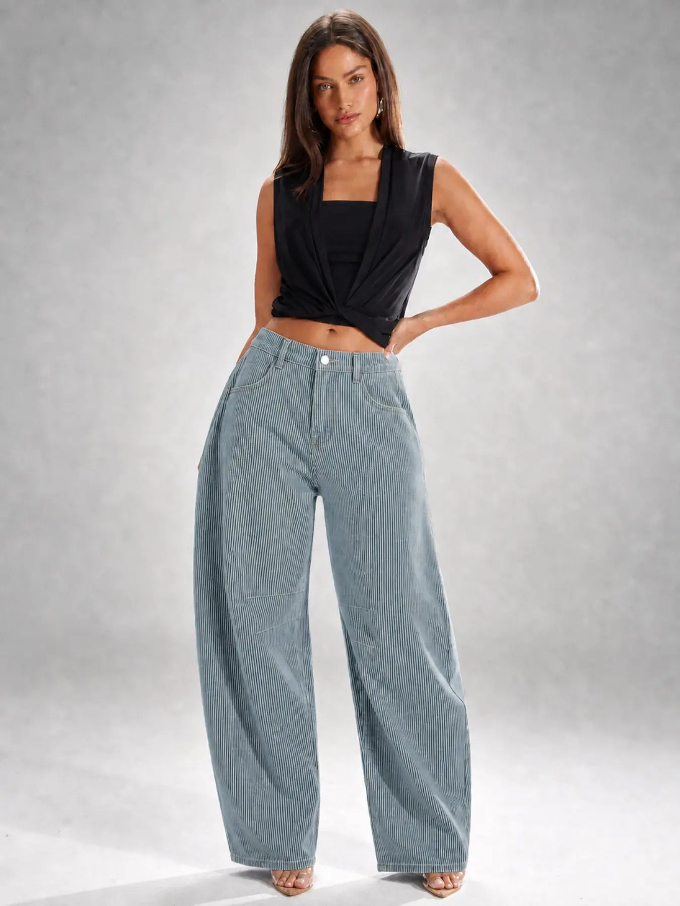Women's Light Wash High Waisted Pinstripe Horseshoe Jeans - Lightweight Comfortable Elegant Loose Fit Wide Leg Barrel Denim Pants for All Seasons