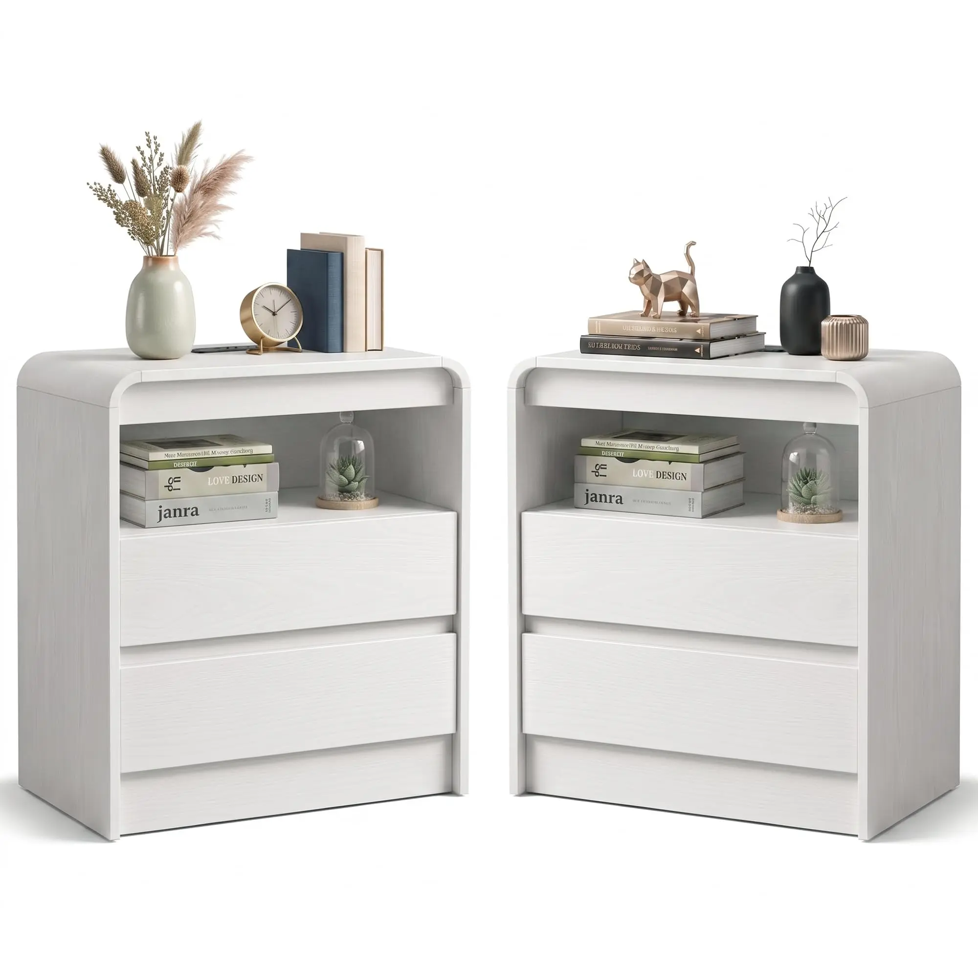 Garvee Modern Curved Nightstand with 2 Drawers and Open Shelf, Rounded Edges, Wood Grain Finish, Cable Management Hole, Ideal Bedside Table for Bedroom and Living Room, 23.62" W