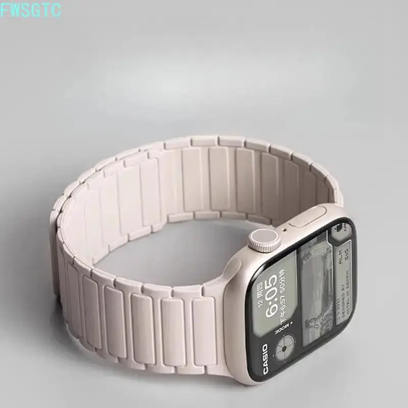 FWSGTC Magnetic Silicone Watch Band Compatible with Apple Watch Series 1-10, Two Section Three Bead Adjustable Soft Replacement Strap for Men Women Daily Sport Wear