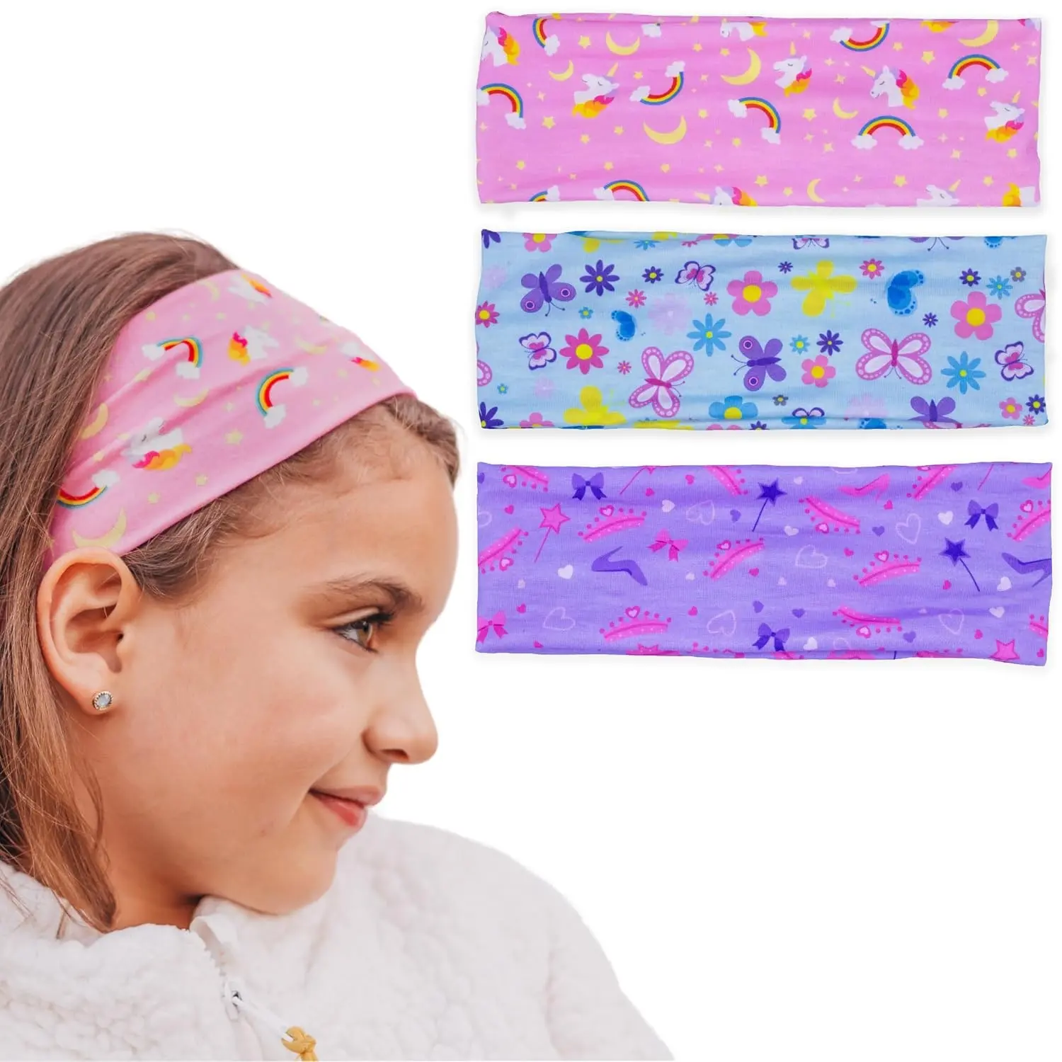 3 Toddler Headbands for Girls, Wide Elastic Cloth Hair Bands for Kids, Soft Stretch Fabric Head Band Hair Accessories for Children, Cute Sports Yoga Unicorn Butterfly Little Girl HeadbandGift.