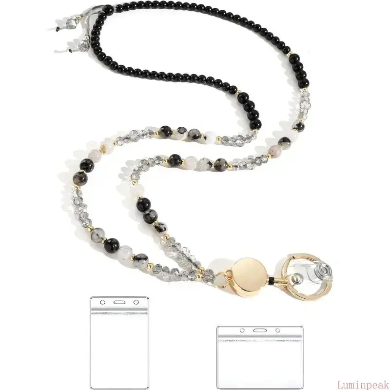 Cute Badge Reel & Beaded Lanyard for Women - Elegant Double Strand ID Holders for Badges with Natural Stones, Retractable Keychain for Teachers, Id Card Lanyard, Keychain Badge Reel
