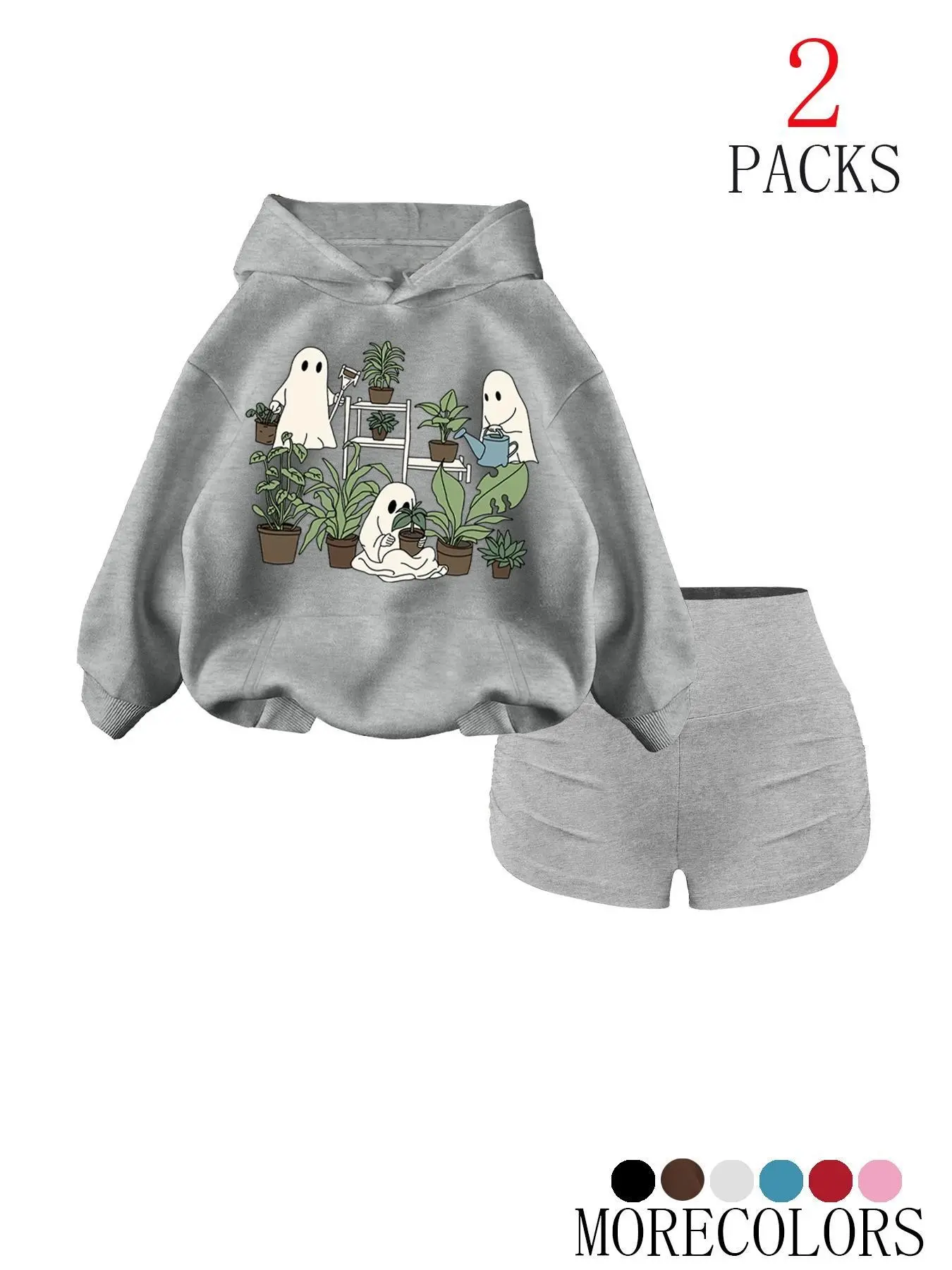 Women's Cute Ghost Plant Graphic Tracksuit, Oversized Hoodie with Kangaroo Pocket, High Waist Stretch Shorts, Fall Winter Loungewear