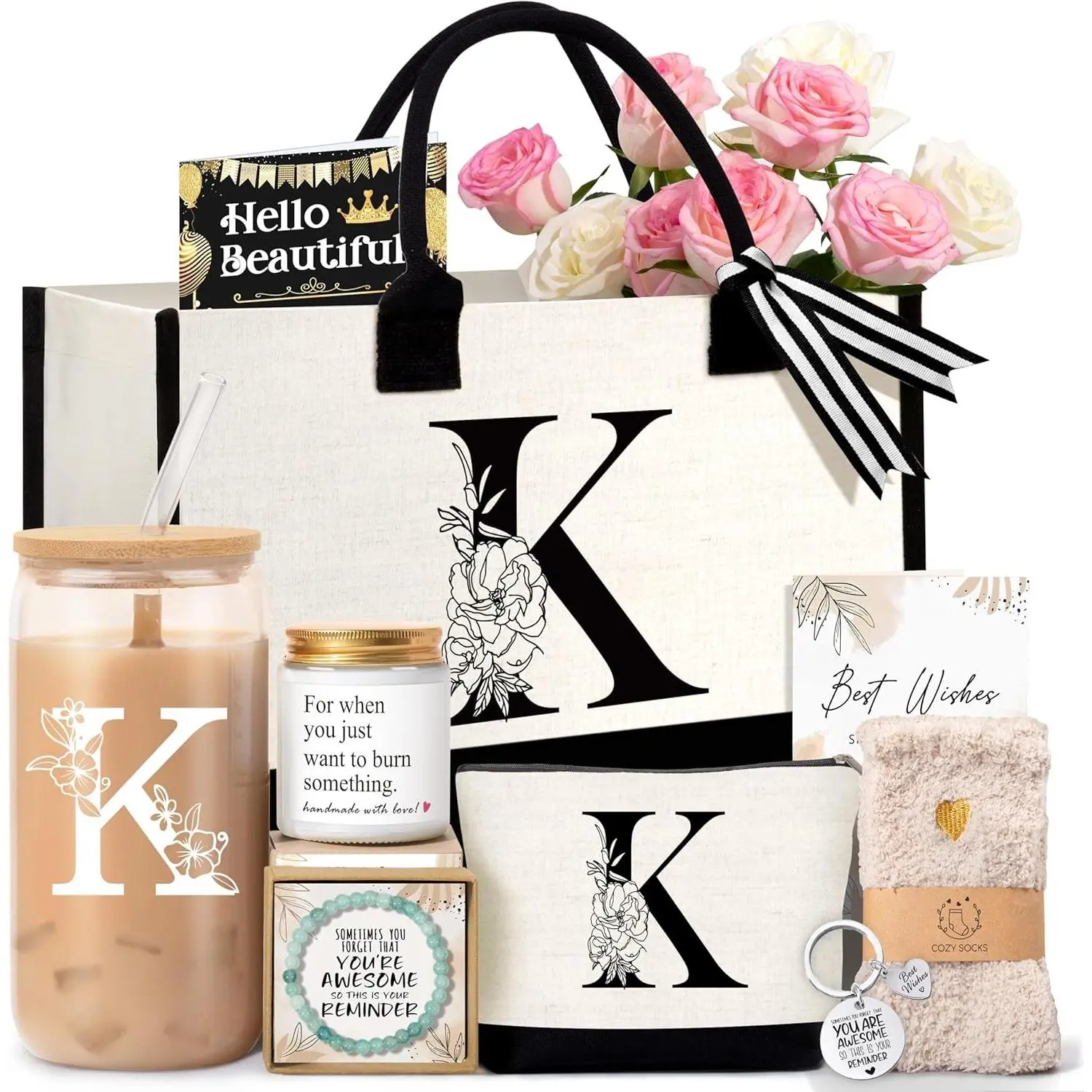 Birthday Gifts for Women, Monogrammed Initial Gift for Teacher Wife Mom, Tote Bag