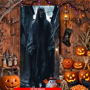 Glowing Red-eyed Black Robe Wraith Pattern Halloween Front Door Banner, perfect as Halloween Decorations, Porch Sign, Haunted House Prop, Party Backdrop, Yard Decor, Photography Background, Window Display, ideal for creating a spooky and eerie atmosphere