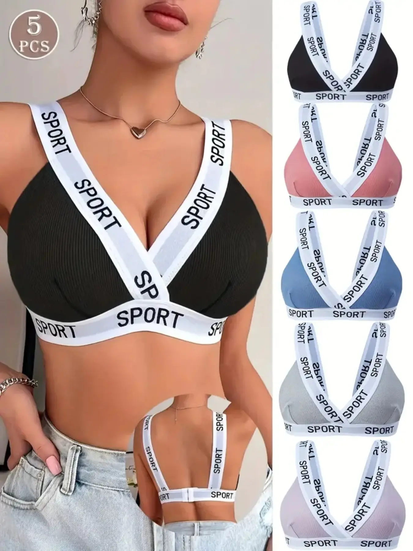 5-Pack Women's Wireless Push-Up Bras, Breathable Knit Fabric, Comfortable Design, Letter Pattern, No Pads, All Seasons, Slim-Fitting