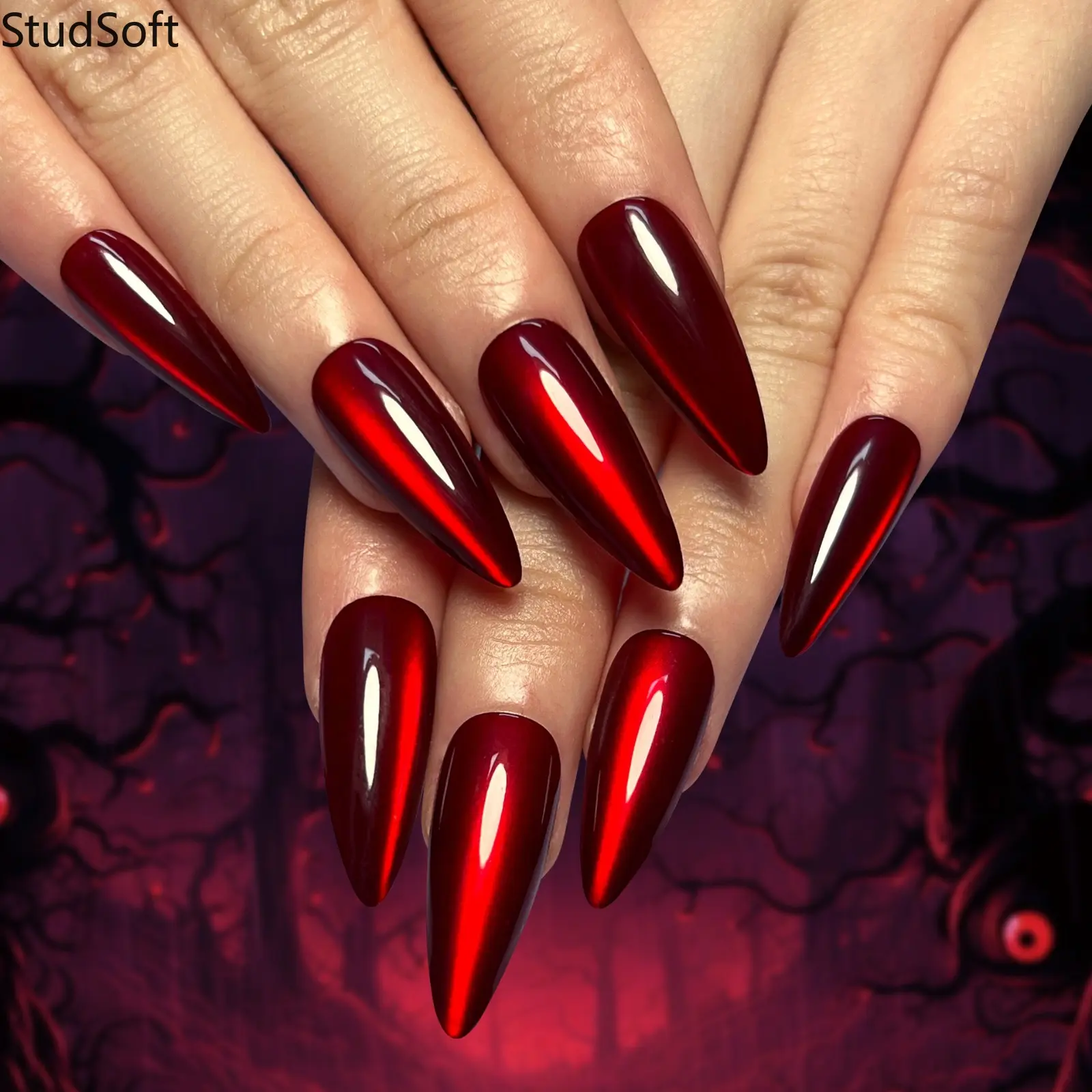 30PCS Red Black Cat Eye Press on Nails Ombre Magnetic Fake Nails Full Cover Long Stiletto Molten Chrome Artificial False Fingernails Gothic Party, Party Wear, False Nails,back to school,back to school haul