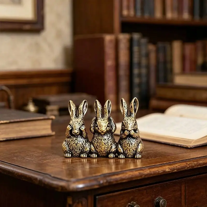Bronze Three Rabbit Figurine, Adorable Long-Eared Rabbits, Perfect for Desk, Entryway, Shelf, Desktop Ornament, Vintage and Nordic Style Decor
