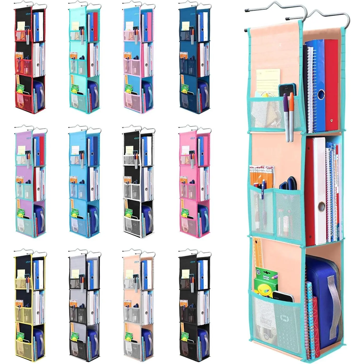 ® 3 Shelf  Locker Organizer for School, Gym, Work, Storage | Deep Shelves 6”x 9”|  Fabric  for  | Adjustable School Locker Shelf 3 to 2 Shelves (Peach/Turquoise)