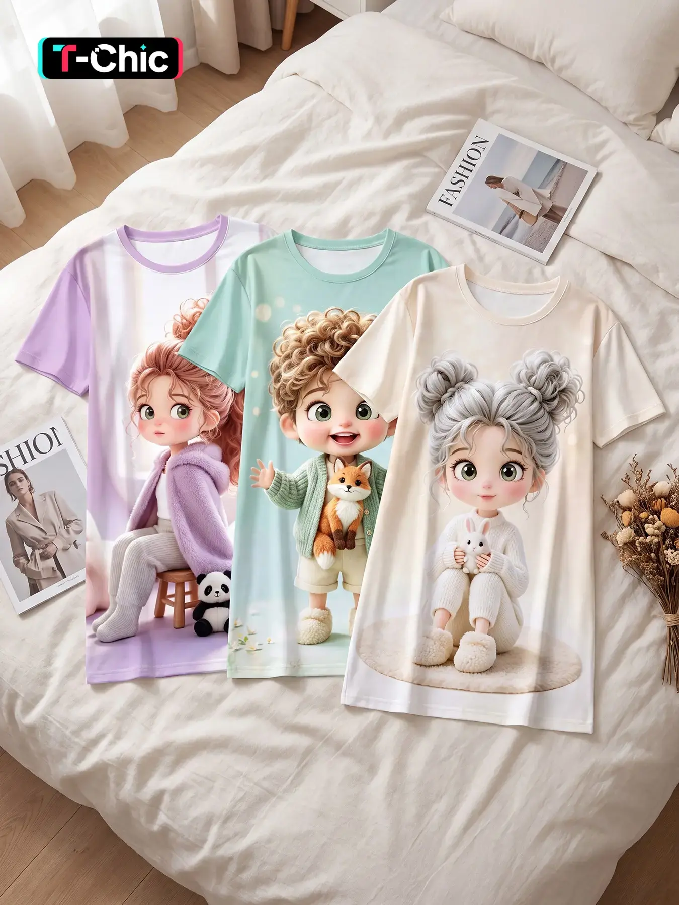 3 Pack Women's Short Sleeve Crew Neck Sleep Dress, All Season Wear, Cozy Companion Cartoon Nightgown, Cute Forest Pet Graphic for All-day Stay, Window Relaxation and Bedtime Reading, Loungewear