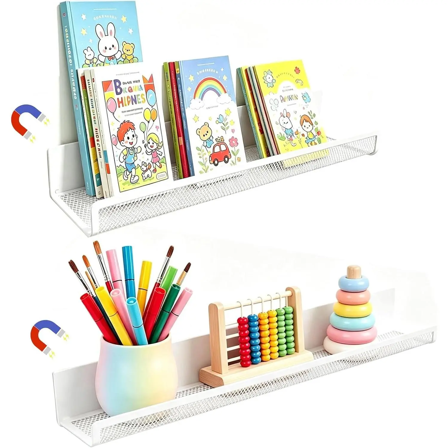 2 Pack White Metal Magnetic Book Shelf for Whiteboard Classroom, 17Inch Floating Book Display Shelves Heavy Duty Magnetic Book Holder Magnet Refrigerator Organizer for Kid Room Office Teacher Storage