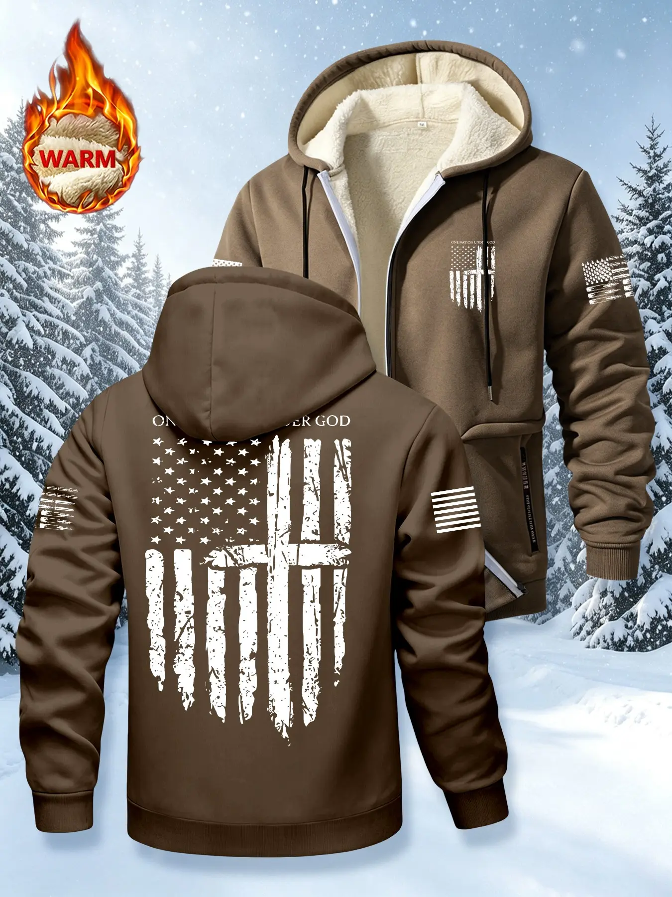 Men's Winter Fleece Hooded Zipper Jacket, Retro Cross American Flag Print, Windproof Outdoor Warm Casual Cardigan, Ideal for Hiking, Driving, Short Trips