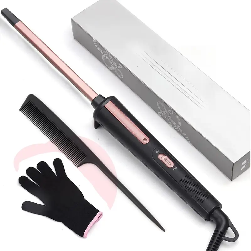 Thin Curling Iron, 3/8 Inch Small Curling Iron Wand for Short & Long Hair, Square Tube Ceramic Mini Curling Barrel Rapid Heating for Tight Curls, Include Glove