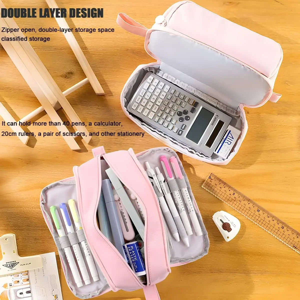Large Capacity Pencil Case 4 Compartments, Zipper Portable Handle, Stationery Organizer for Office University Adults Teens Girls Boys Men Women Rulers Calculator