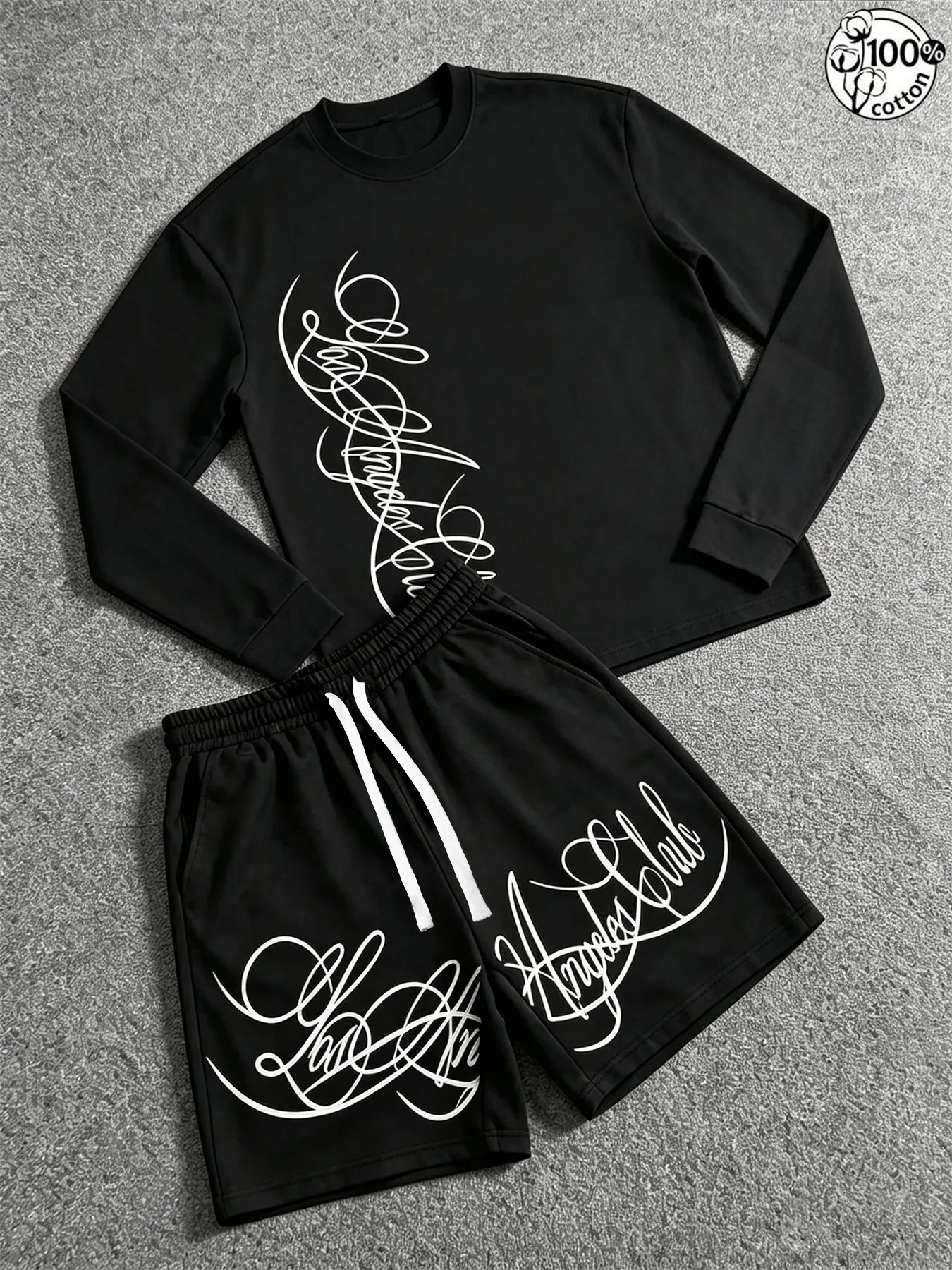 Unisex 100% Cotton Multi-Color Vertical Script Long Sleeve Tee & Shorts Set Chicano Streetwear Oversized Casual Athletic Two Piece Outfit Clothes