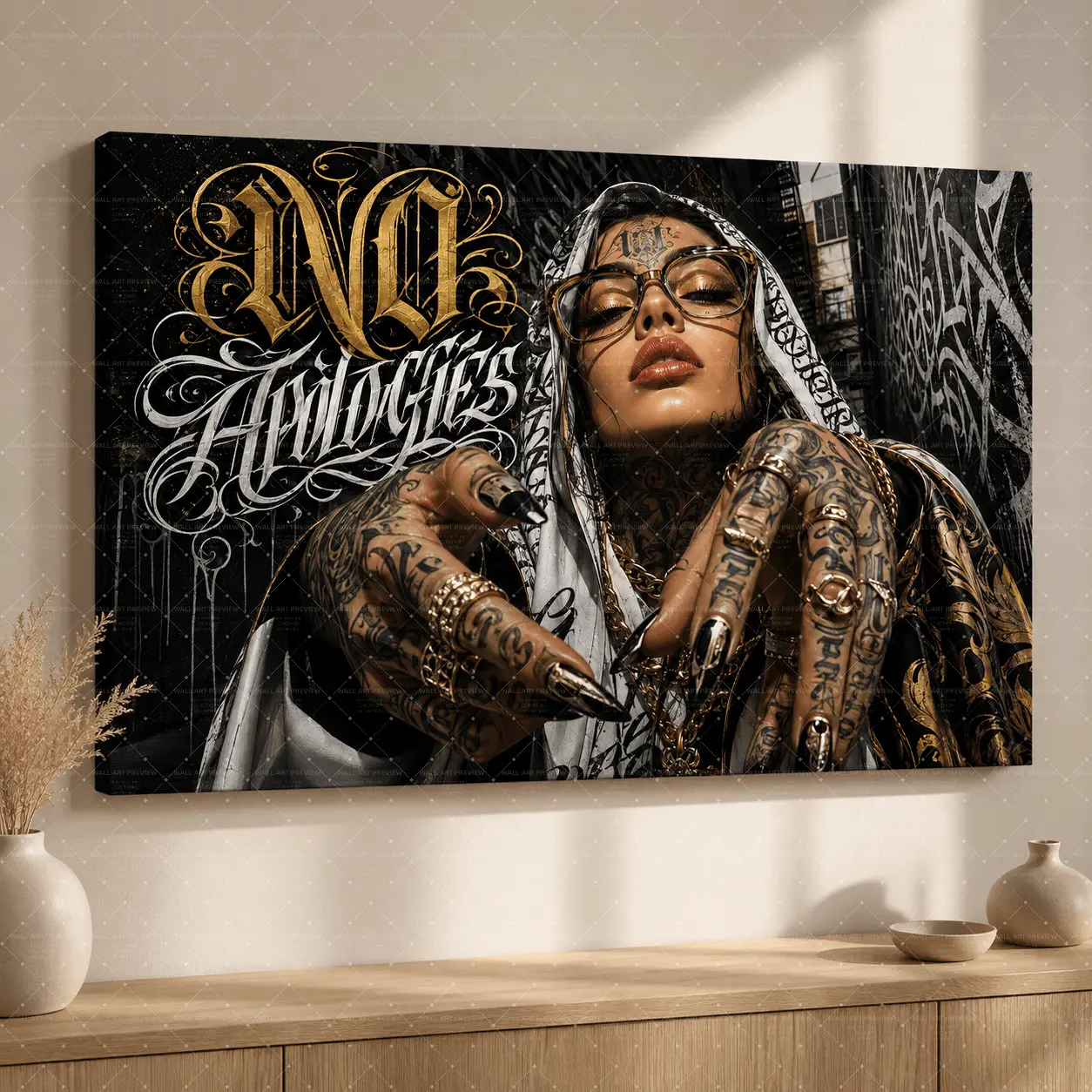 "No Apologies" Chicano Tattoo Canvas Wall Art, Urban Street Print, Dark Edgy Aesthetic, Living Room Bedroom Office Decor, Statement Attitude Poster Gift,wall decor,poster.