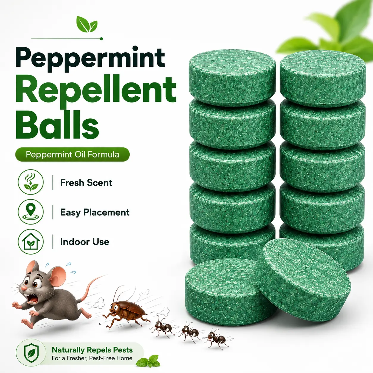12-Pack Natural Peppermint Oil Pest Repellent Tablets - Fast-Acting, Eco-Friendly, Easy-to-Use, Long-Lasting Multi-Pest Formula for Mice, Rats, Roaches, Ants & Spiders, Ideal for Closets, Garages, Sheds, Basements, RVs & Indoor Storage kitchen